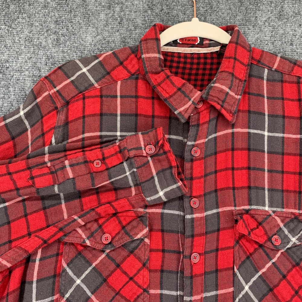 2 Faces Flannel Shirt Mens XXL Red Plaid Good Double Sided Cotton Button Up